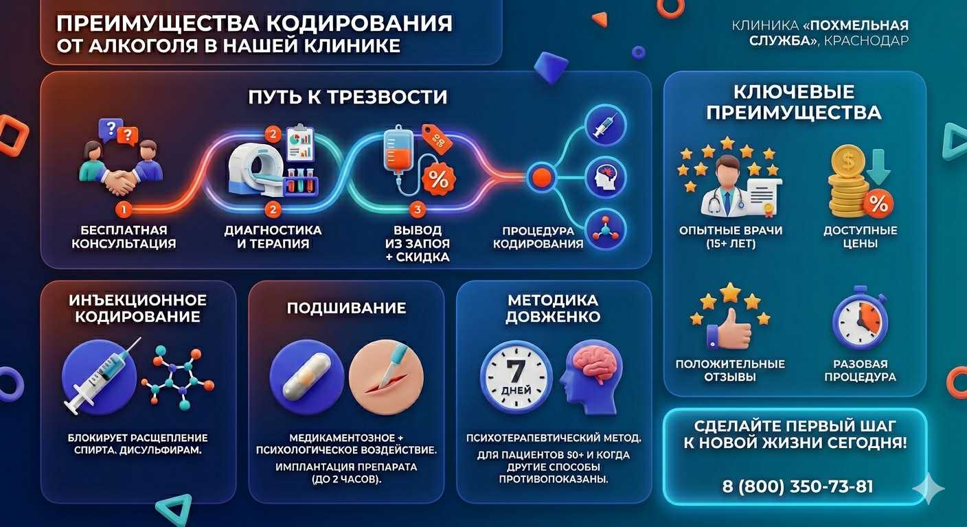 Инфографика о методах кодирования от алкоголя в Хасанье: инъекции, подшивание, метод Довженко. Преимущества клиники и этапы лечения.