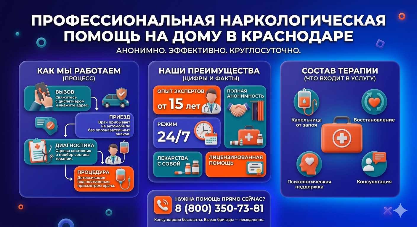 Инфографика о принципах лечения алкоголизма на дому в Хасанье: этапы вызова нарколога, преимущества анонимной детоксикации и состав медицинской помощи.